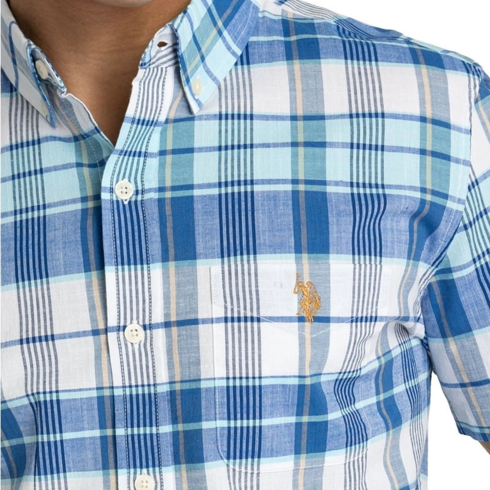 U.S. Polo Assn. Blue and White Plaid Casual Button Down Shirt - Picture 3 of 4